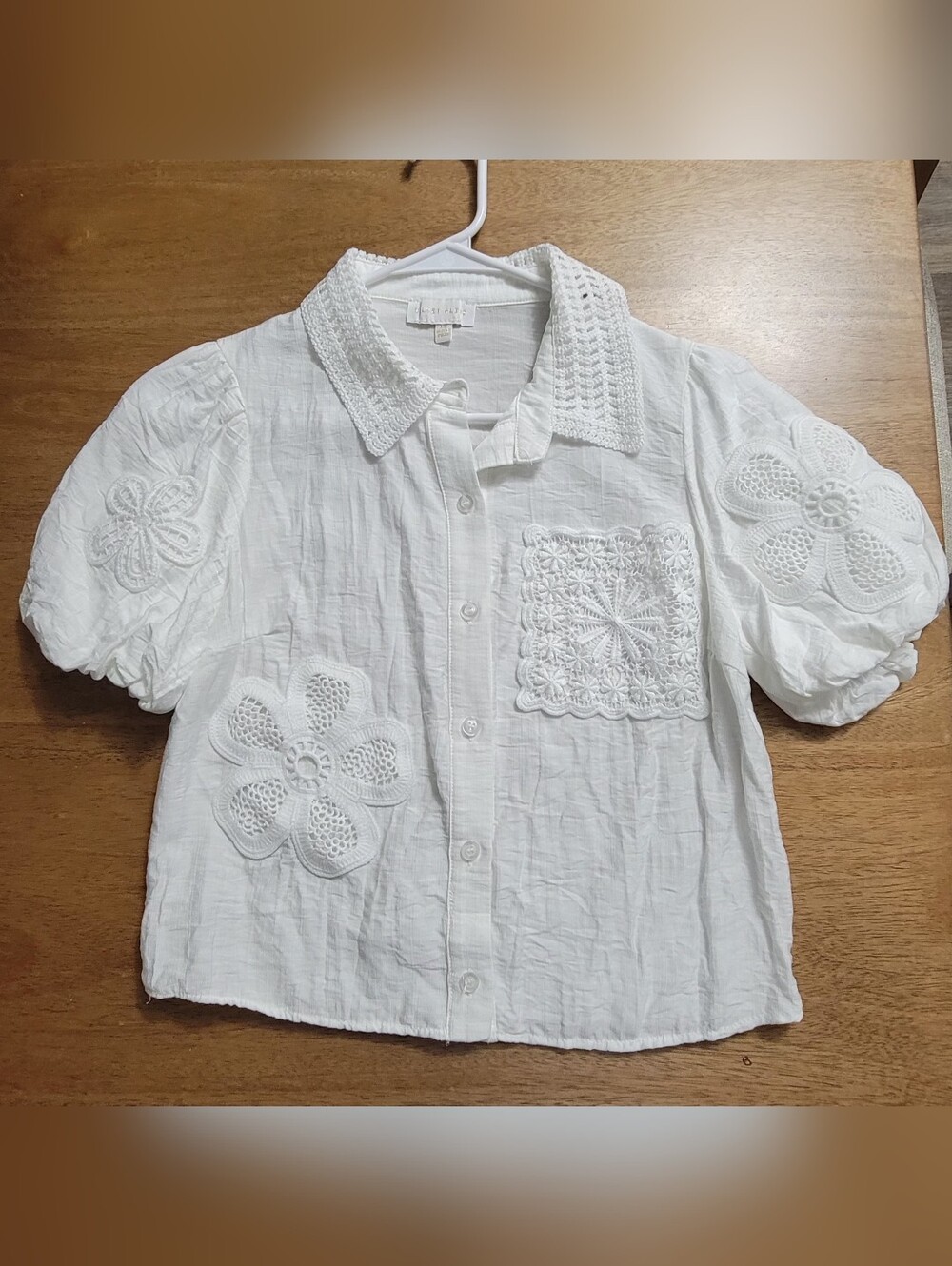 White Crochet Accent Button-Front Top with Puff Sleeves
